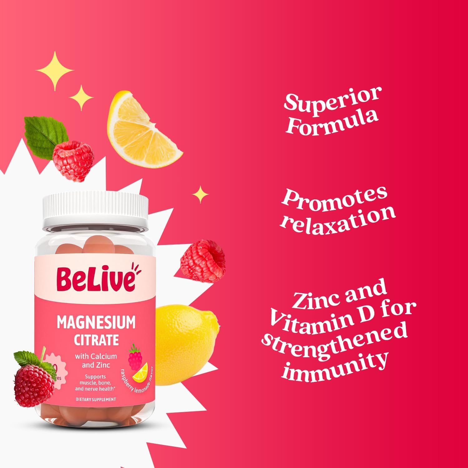 BeLive Magnesium Citrate Gummies with Calcium and Zinc for Adults and Kids - High Absorption Magnesium Supplement for Cognitive, Bone, Muscle and Nerve Health - Raspberry Lemonade - 120 Count