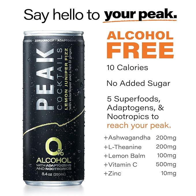 Peak Cocktails Non-Alcoholic Cocktail | Adaptogens, Nootropics, Superfoods for Recovery, Calm, Sleep | Ashwagandha, Tart Cherry, L-Theanine | Mixologist-crafted | Lemon Juniper Fizz | 8.4 oz, 12-Pack