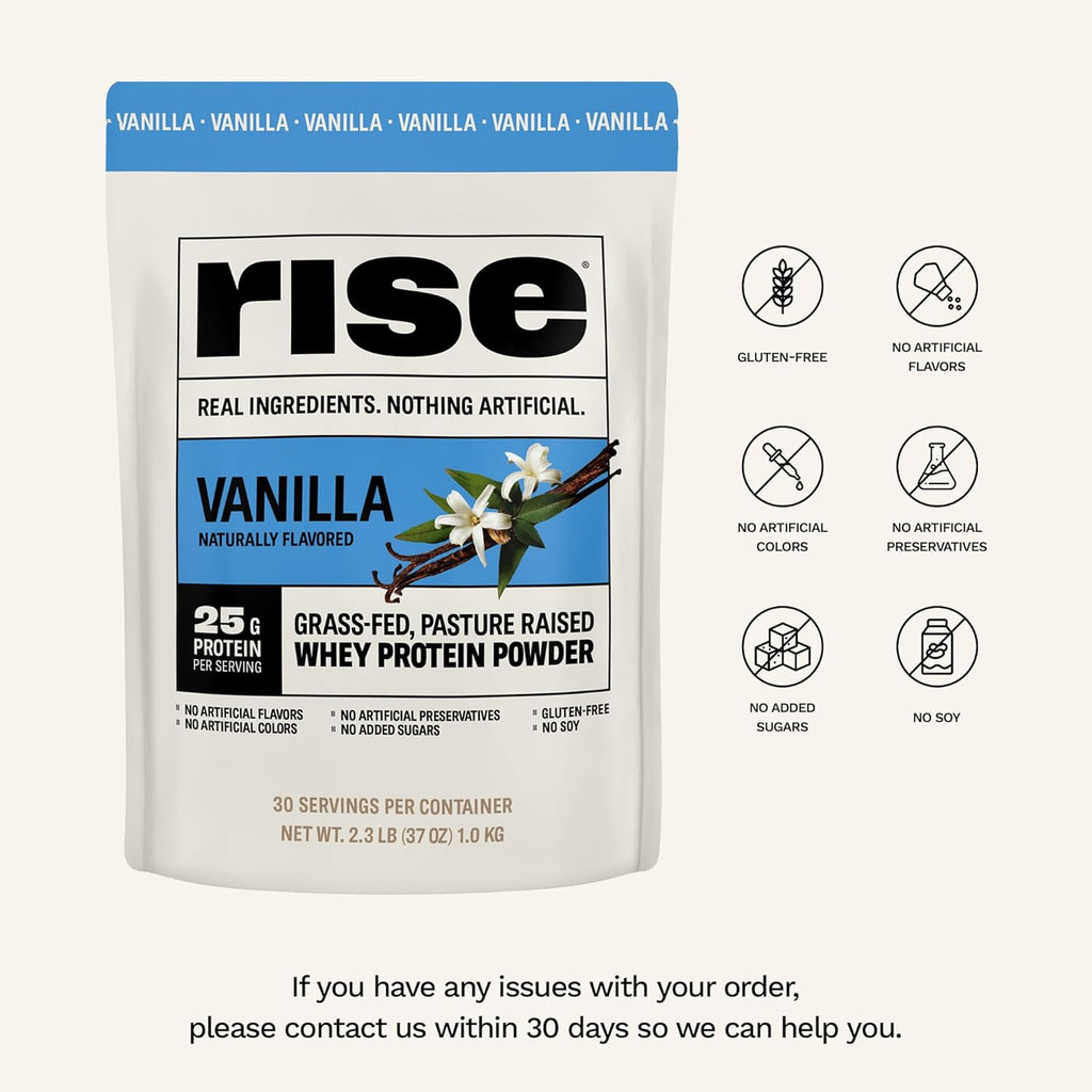 Rise Grass-Fed Whey Protein Powder - Vanilla | 25g Protein No Artificial Flavors, Colors, or Preservatives - Sugar Free, Gluten-Free, Soy Free (2.3 lbs)