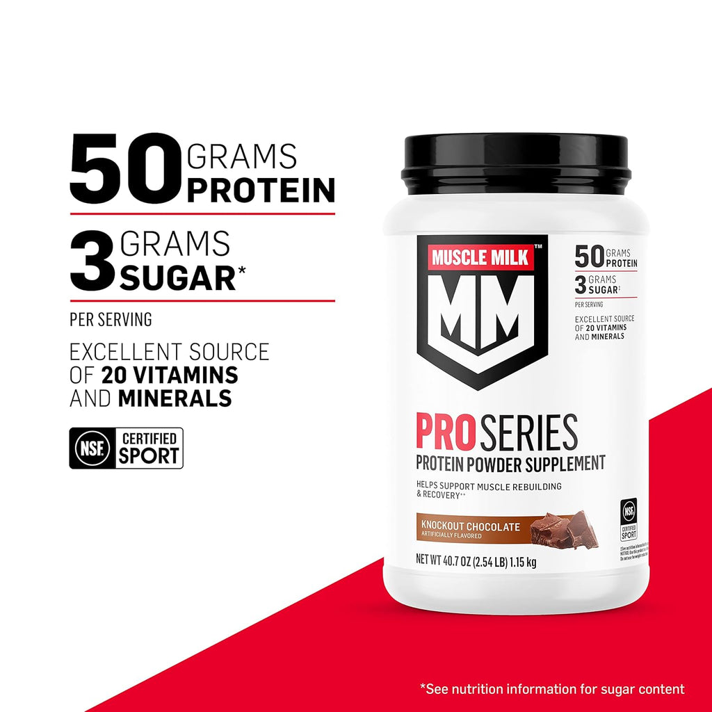 Muscle Milk Pro Series Protein Powder Supplement, Knockout Chocolate, 5 Pound, 28 Servings, 50g Protein, 3g Sugar, 20 Vitamins & Minerals, NSF Certified for Sport, Workout Recovery