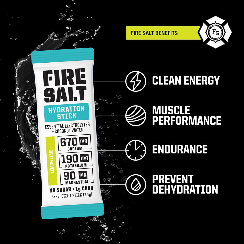 Fire Science Fire Salt Hydration Sticks, Electrolytes & Coconut Water, Hydration Drink Mix with Magnesium, Potassium & Sodium, Zero Sugar, Single Serve On The Go Packs, Lemon Lime Flavor, 32 Count