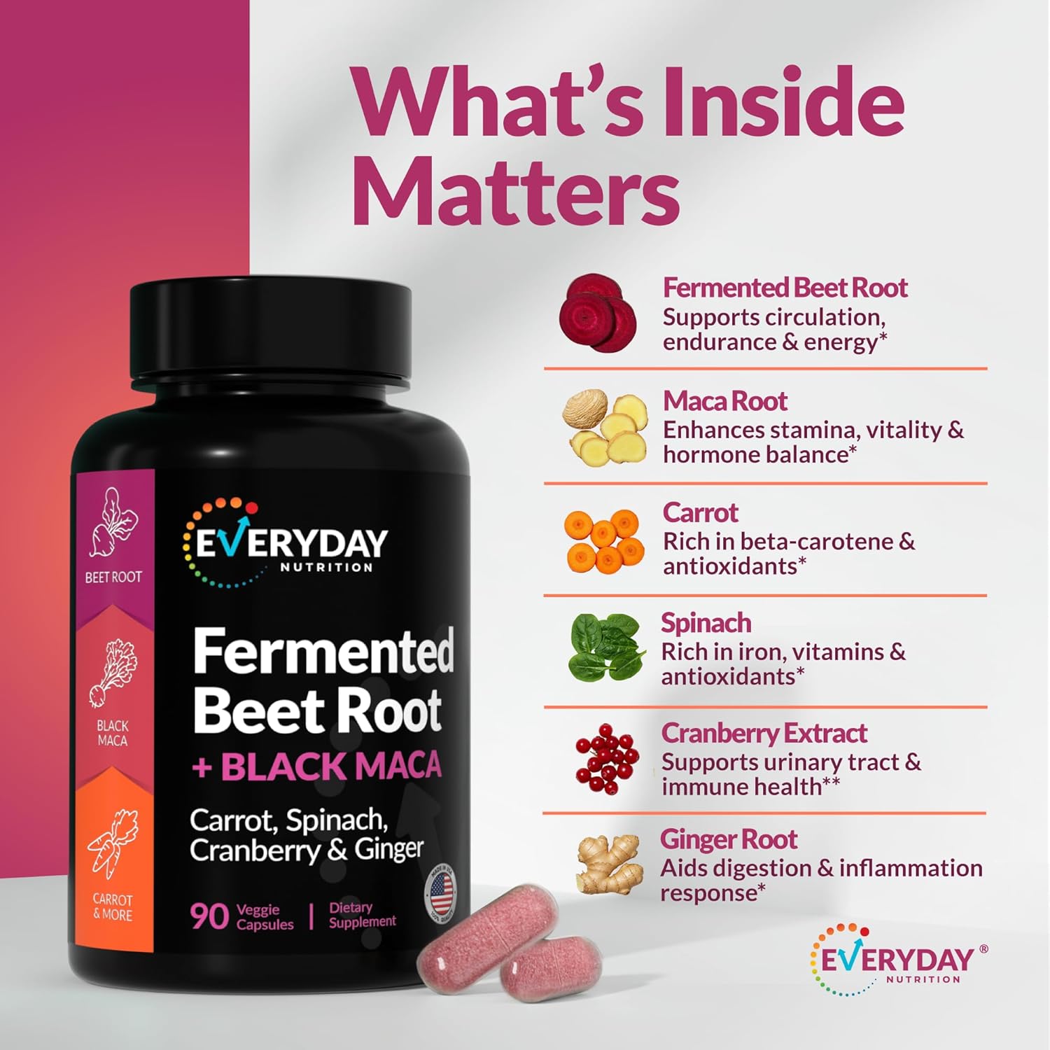Organic Fermented Beet Root, Black Maca, Carrot, Spinach, Cranberry, Ginger |Enhanced Overall Health for Women & Men | Made in USA | 90 Veggie Capsules