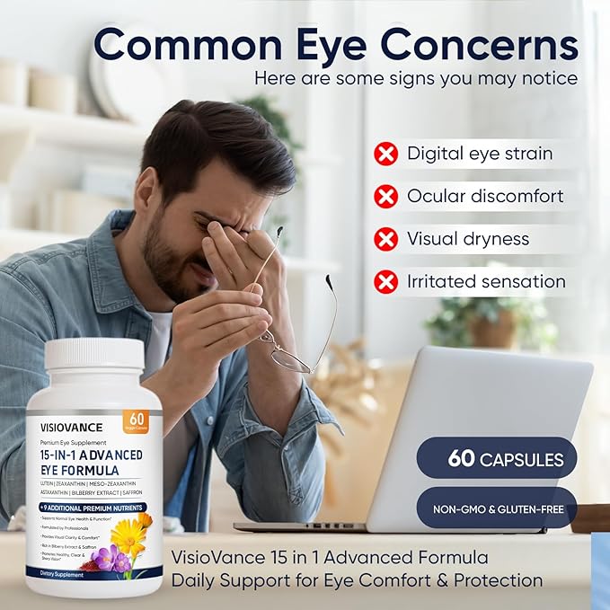 VisioVance 15 in 1 Advanced Eye Formula - Neurobella Eye Formula with All 3 Carotenoids, Lutein & Zeaxanthin, Bilberry Extract and Saffron, 60ct(1)