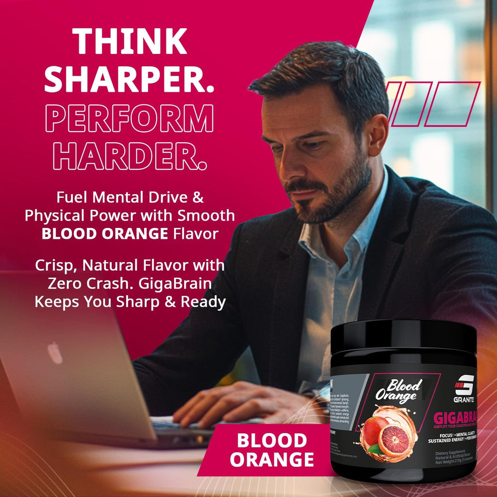 Granite Nutrition GigaBrain Nootropic Energy Powder – Cereboost, Alpha-GPC & ElevATP – Cognitive Focus Supplement for Sustained Energy & Performance – Blood Orange, 30 Servings
