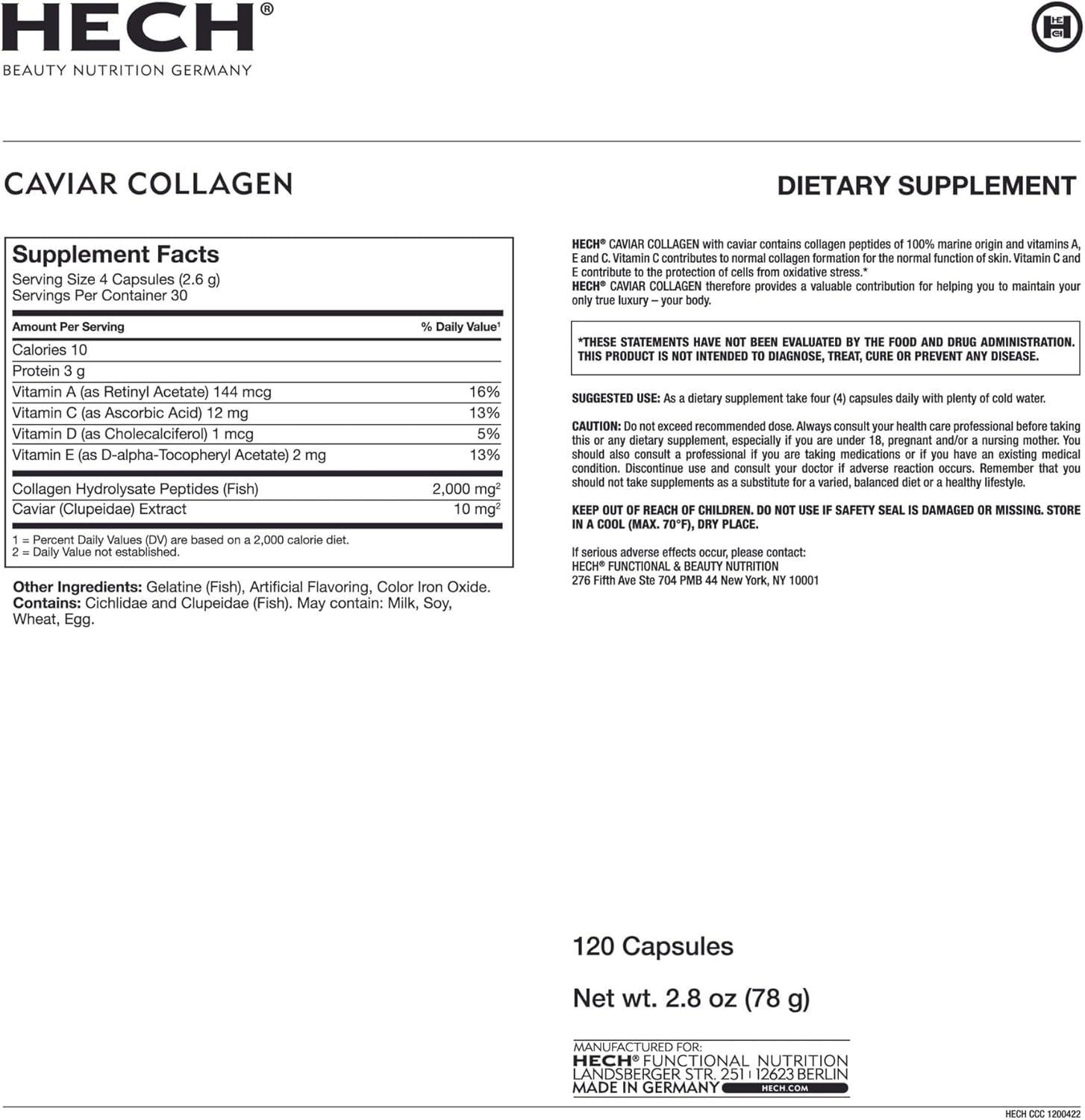 Caviar Collagen Capsules - Beauty Supplement with 2,000 mg Marine Collagen Peptides, Caviar Extract and Vitamin Complex