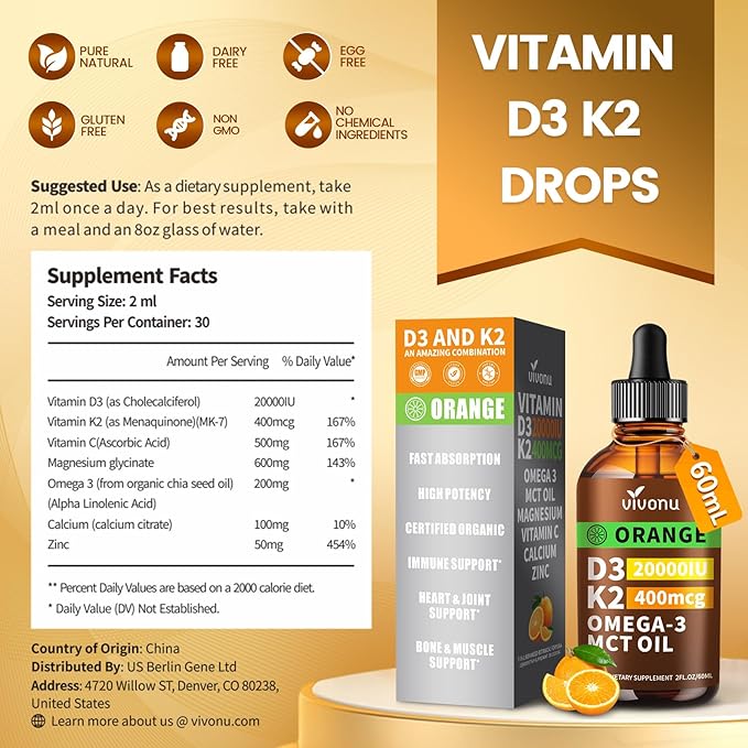 VivoNu Vitamin D3 K2 Drops, D3 20000 IU & K2 as MK-7 400mcg with Magnesium, Calcium, Zinc & Omega 3 for Immune*, Mood*, Bone* Health, Orange Flavor Vitamin D Liquid Drops Supplement, Non-GMO (1)