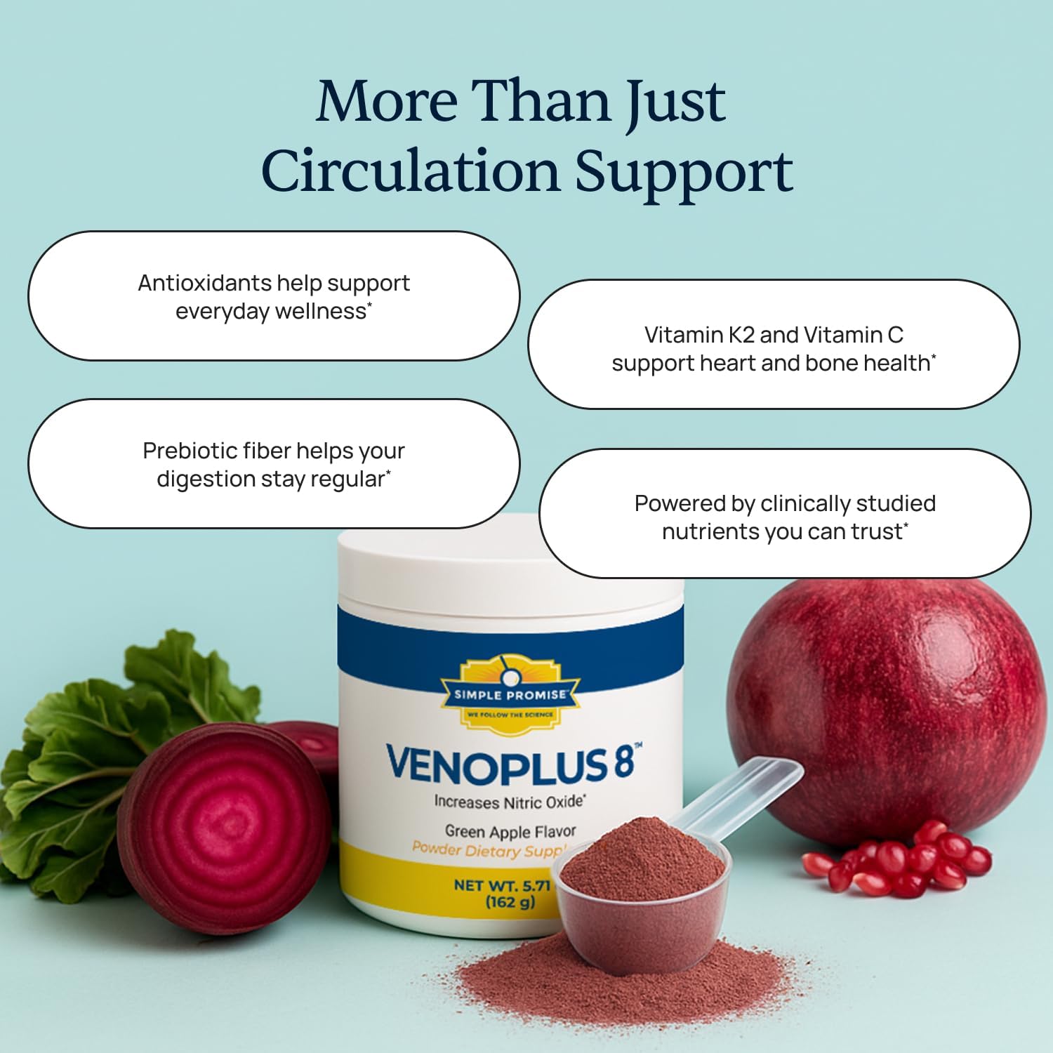 VenoPlus 8 - Beet Root Powder Nitric Oxide Booster Supplement for Men & Women - Supports Healthy Blood Flow for Heart & Energy - Pomegranate, Vitamin K2, Antioxidants & Prebiotic Fiber - 30 Servings