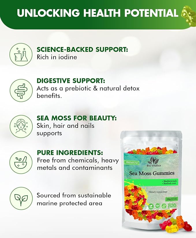 BIO VITALICA Sea Moss Gummies – with Bladderwrack & Burdock Root – Wildcrafted Gel + Powder – Vegan, Keto, Non-GMO, Gluten-Free – Fruity Mineral-Rich Gummies – 50 Count (3 Pack)
