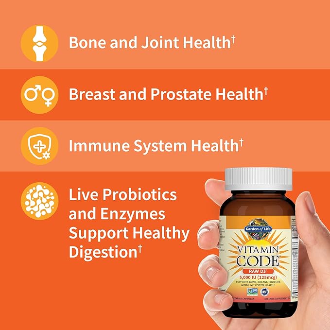 Garden of Life Vitamin D3 5000 IU, Raw Whole Food Supplements with Chlorella, Fruit, Veggies & Probiotics for Bone & Immune Health, 60 Vegetarian Capsules
