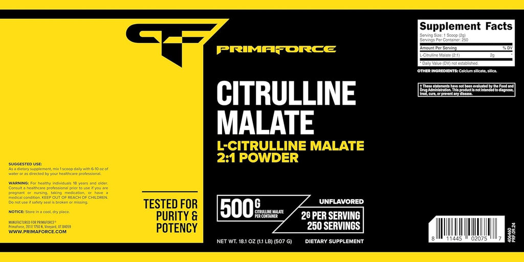PrimaForce L-Citrulline Malate Powder, Unflavored, 500 Grams - Vegan, Non-GMO