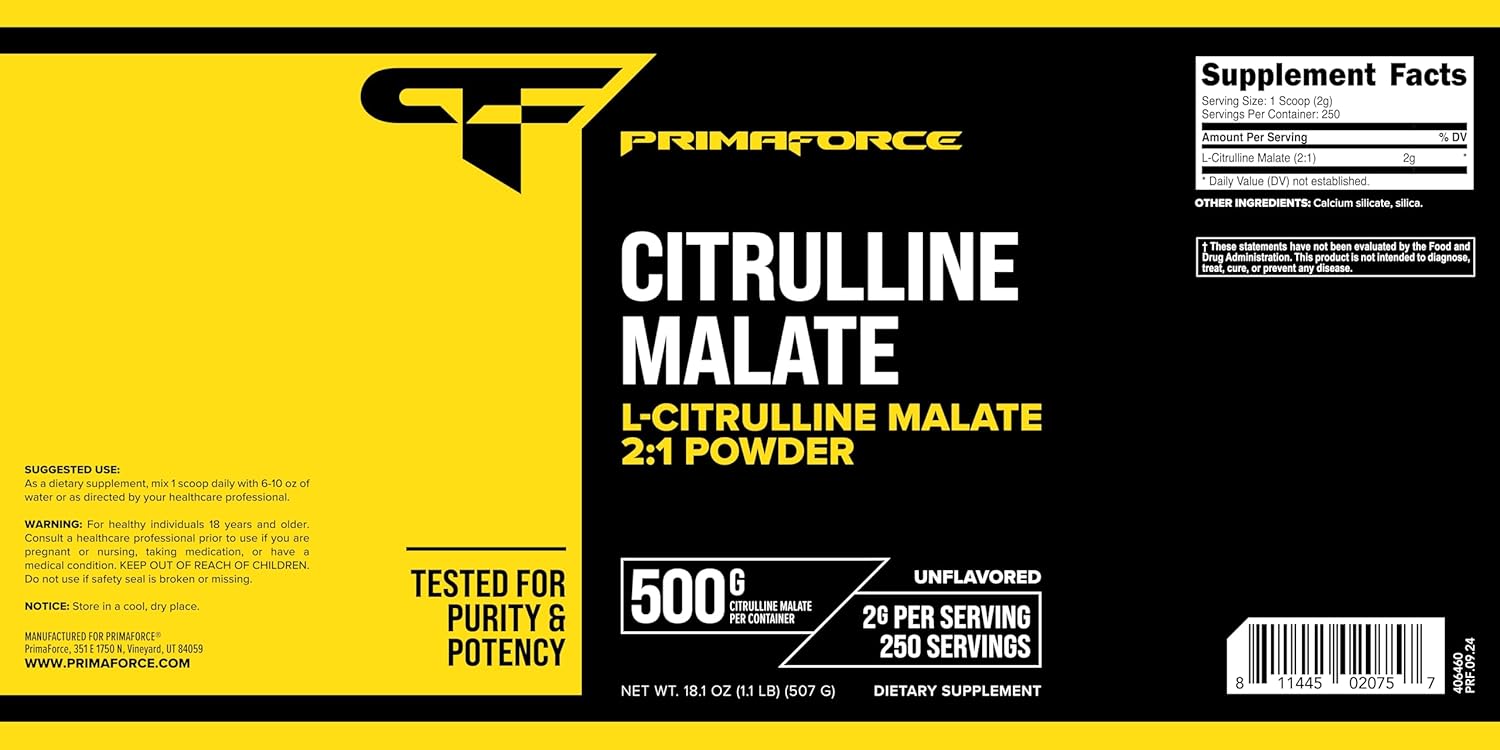 PrimaForce L-Citrulline Malate Powder, Unflavored, 500 Grams - Vegan, Non-GMO