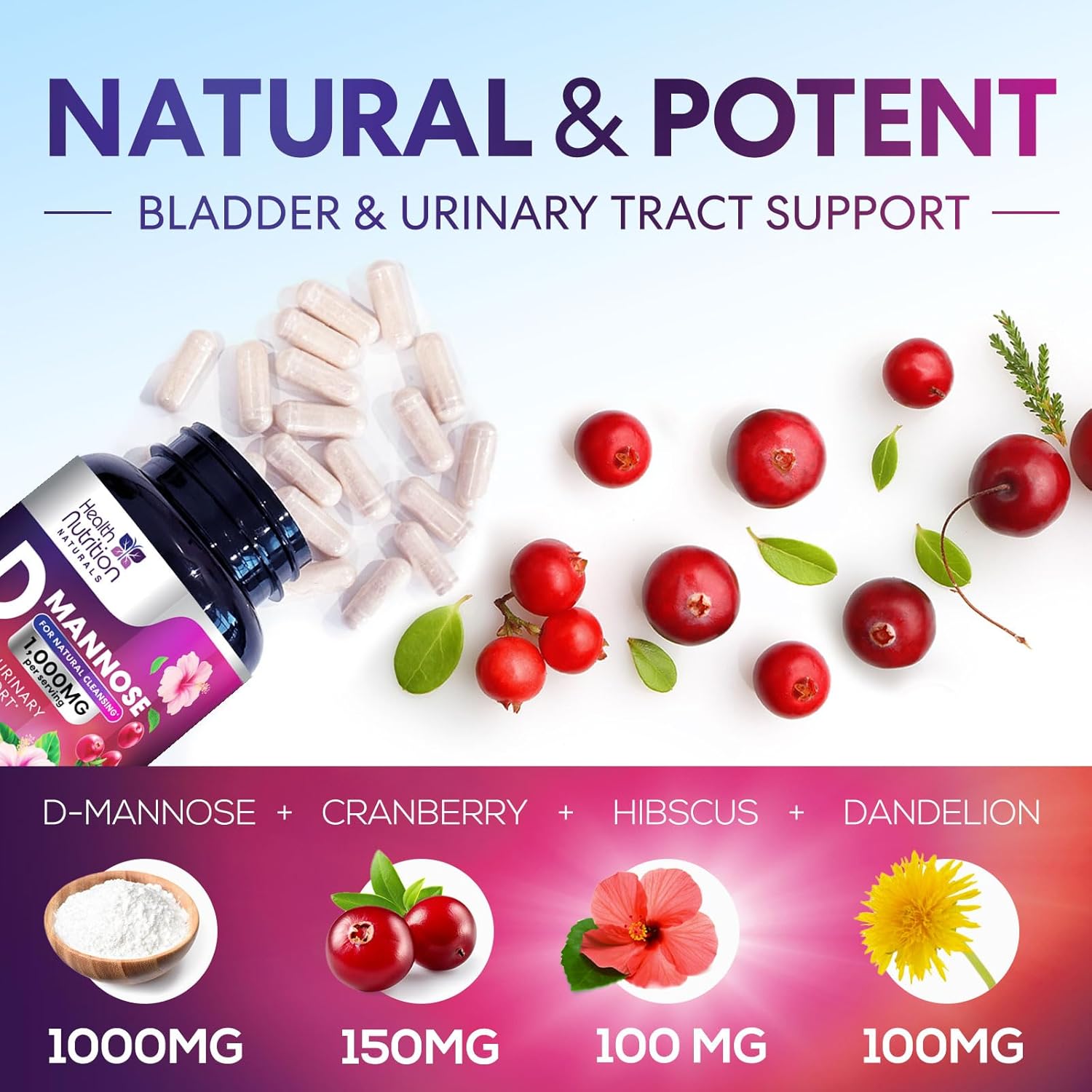 D-Mannose Supplement 1,350mg - with Cranberry, Hibiscus & Dandelion - Fast-Acting, Natural Urinary Tract & Bladder Support for Women & Men – Flush & Cleanse Impurities – Non-GMO, Vegan – 120 Capsules