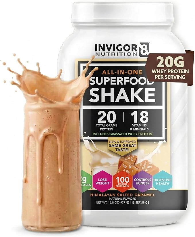 INVIGOR8 Superfood Grass Fed Whey Protein Isolate Shake Himalayan Salted Caramel Gluten-Free and Non GMO Meal Replacement with Probiotics and Omega 3 (645g)