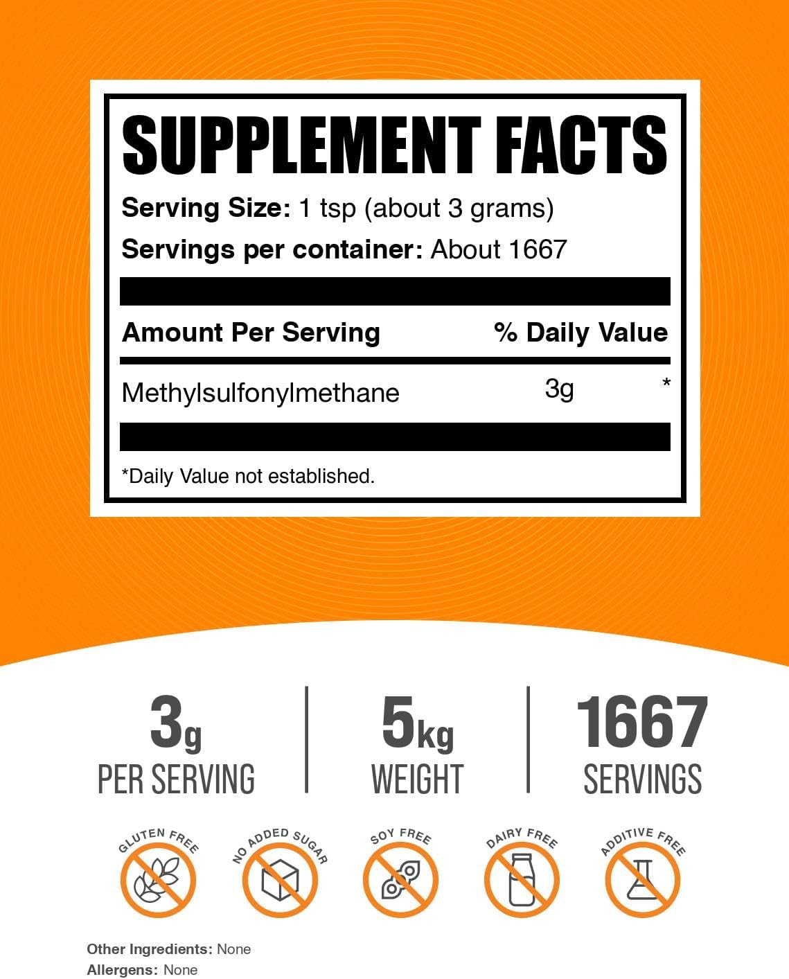 BulkSupplements.com MSM Powder - Methylsulfonylmethane, MSM Supplement - MSM Pure Powder, MSM 3000mg - for Joint Health, Gluten Free, 3000mg per Serving, 5kg (11 lbs) (Pack of 5)