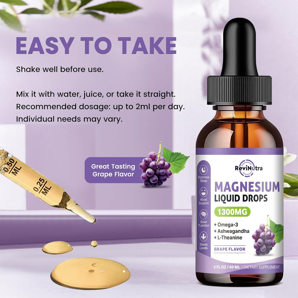 Triple Magnesium Complex Liquid Drops - 1300mg Magnesium Glycinate, Taurate & Citrate with Omega3, L-Theanine, Ashwagandha, Potassium - Support Sleep, Nerve, Immune, Energy - Grape Flavor, 2 Fl OZ