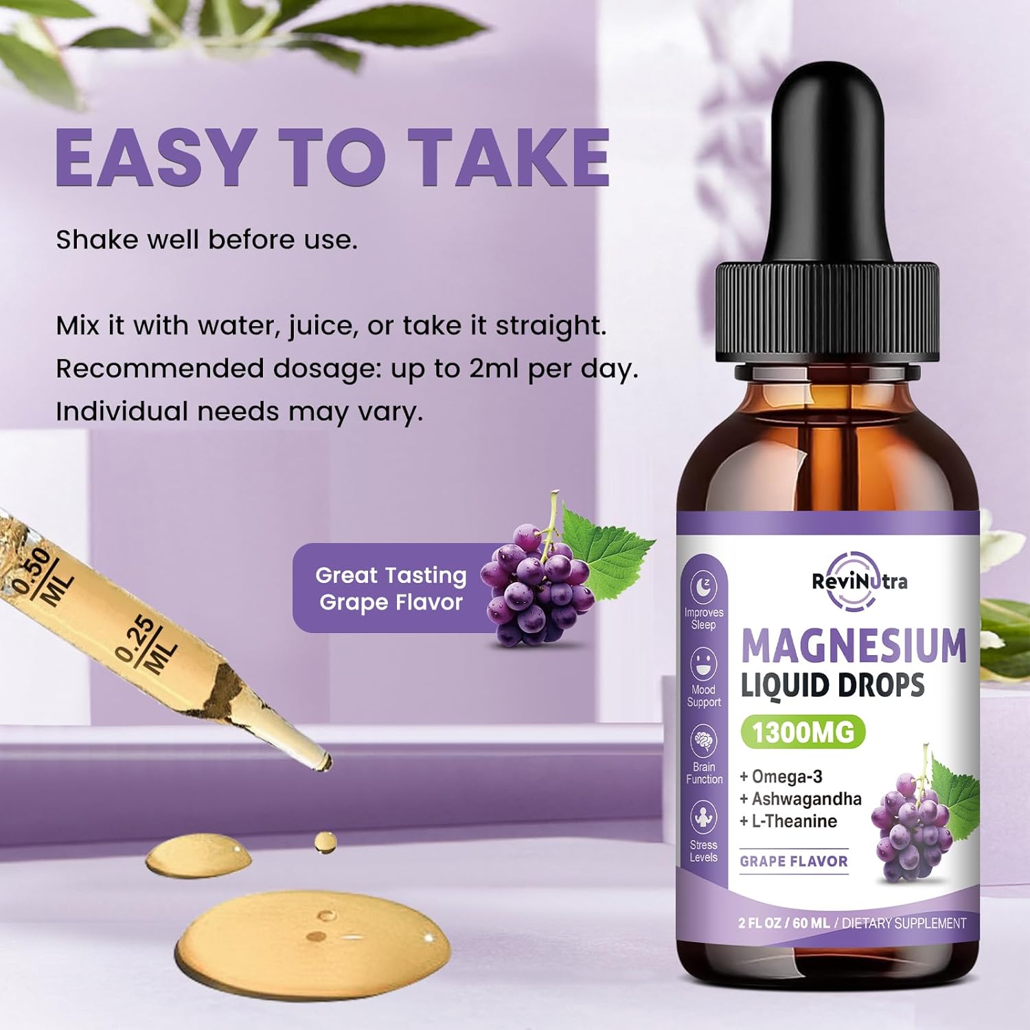 Triple Magnesium Complex Liquid Drops - 1300mg Magnesium Glycinate, Taurate & Citrate with Omega3, L-Theanine, Ashwagandha, Potassium - Support Sleep, Nerve, Immune, Energy - Grape Flavor, 2 Fl OZ