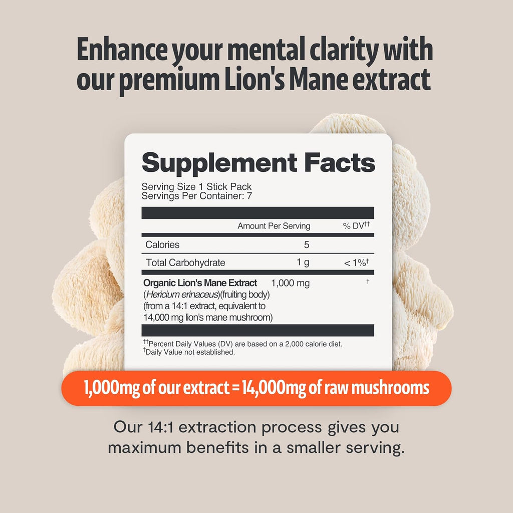 FreshCap Lions Mane Powder 14,000 mg - Lion's Mane Mushroom Powder, 31% Beta-Glucans Nootropic Lions Mane Extract High Potency 14:1 for Memory, Focus & Clarity - Brain & Cognitive Support (7 Sticks)