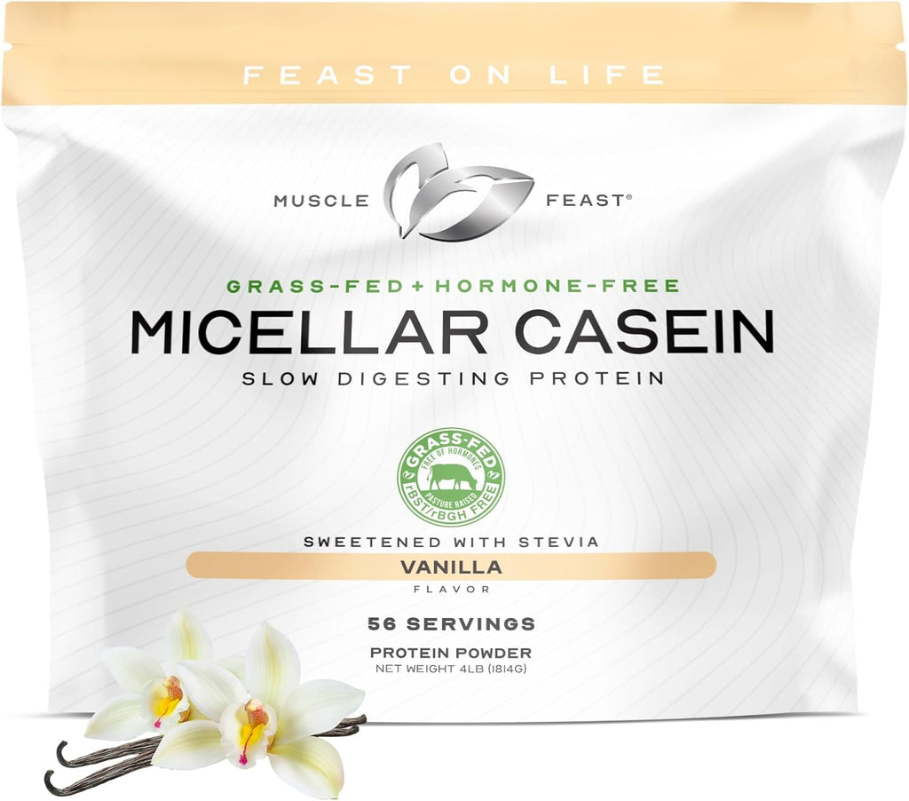 Muscle Feast Grass Fed Micellar Casein Protein Powder, Pasture Raised & Hormone Free, Slow Digesting Casein Protein - Supports Overnight Muscle Recovery, Gluten Free Protein Powder - Vanilla, 4lb