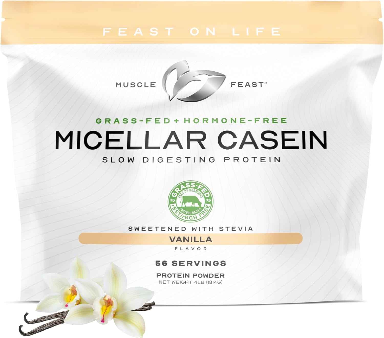 Muscle Feast Grass Fed Micellar Casein Protein Powder, Pasture Raised & Hormone Free, Slow Digesting Casein Protein - Supports Overnight Muscle Recovery, Gluten Free Protein Powder - Vanilla, 4lb