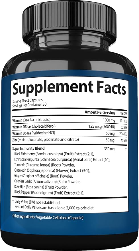 Immune Support Supplement 12 in 1 Complex with Vitamin C, D3, Zinc, Echinacea, Elderberry, Ginger, Turmeric. Immune Defend for Men & Women, Non-GMO, Gluten-Free, Vegan, USA