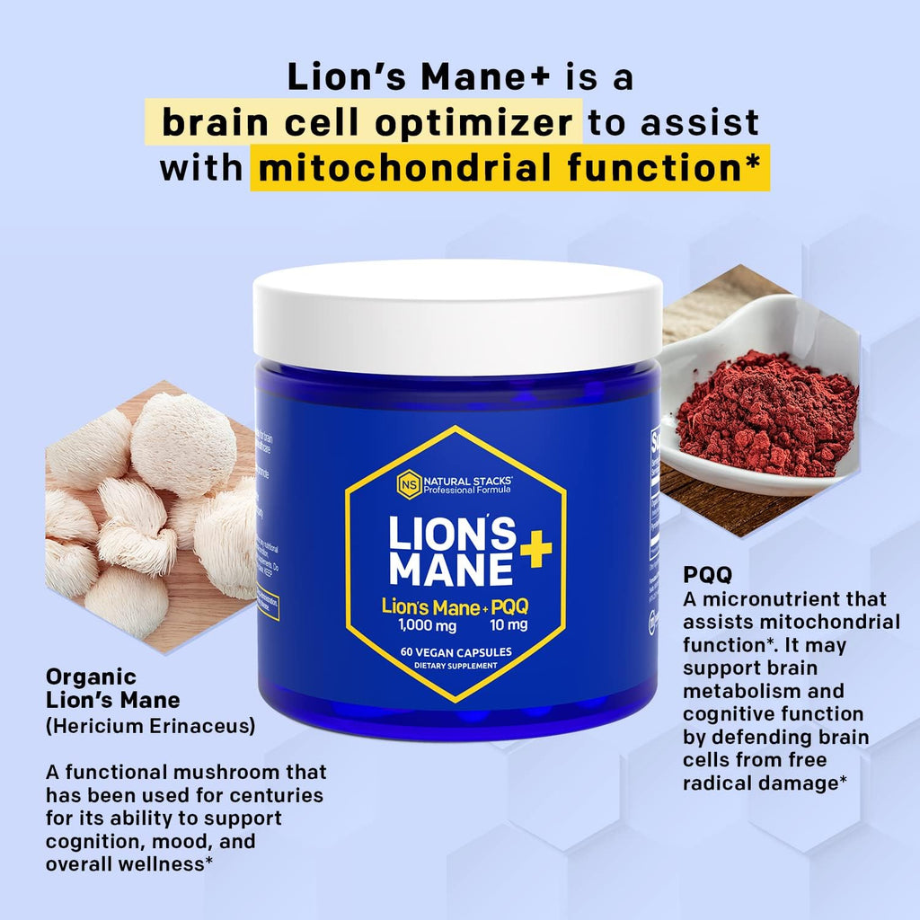 Organic Lions Mane Supplement Capsules - 1000mg Lions Mane Mushroom with 10mg PQQ - Brain Cell Optimizer for Memory, Learning, Mitochondrial Function - 60 Fruiting Body Mushroom Capsules