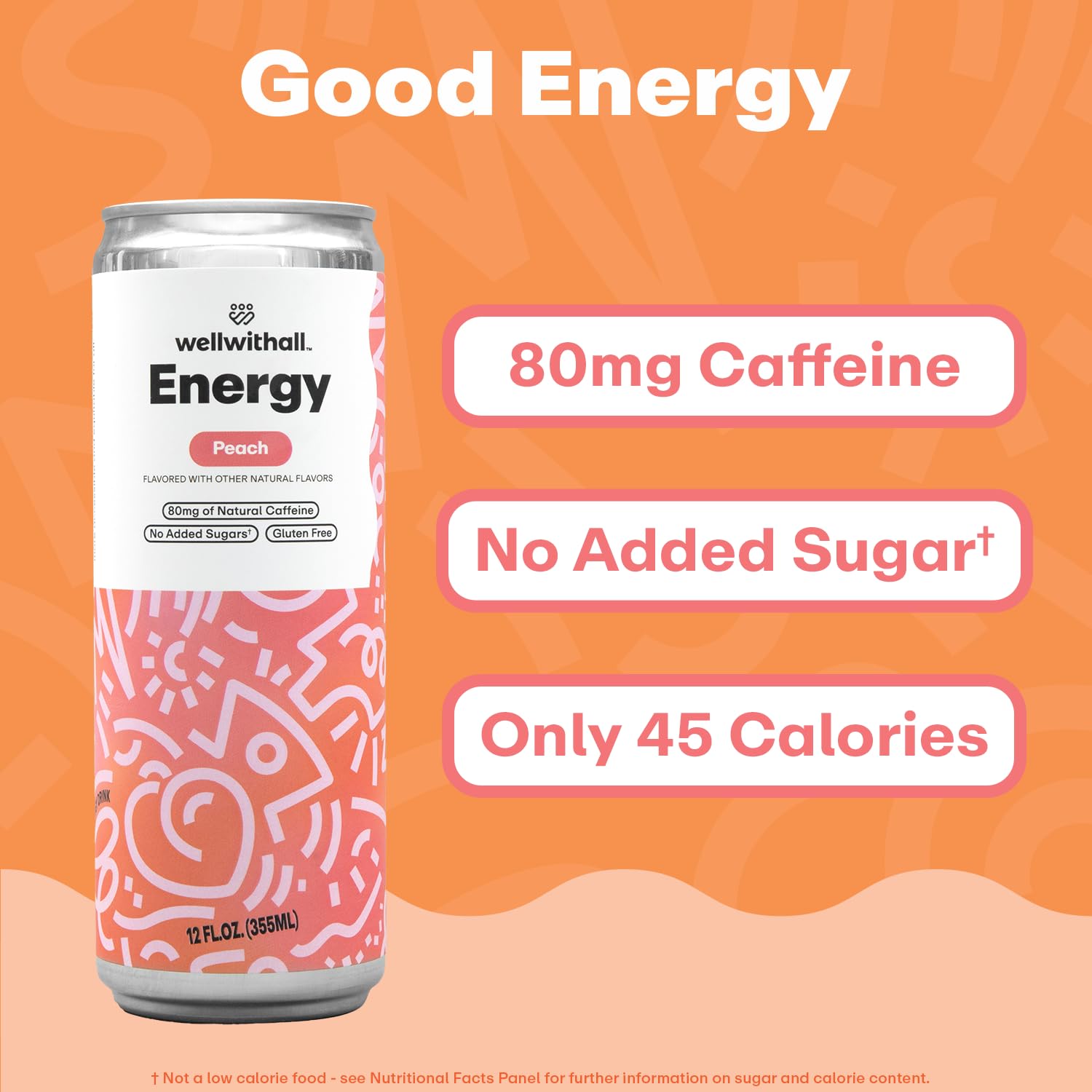 WellWithAll Peach Energy Drink – Caffeine from Tea – With Vitamin C – Lightly Sparkling Beverage – Fruit & Veggie Juice Blend – 12 Oz (Pack of 12)