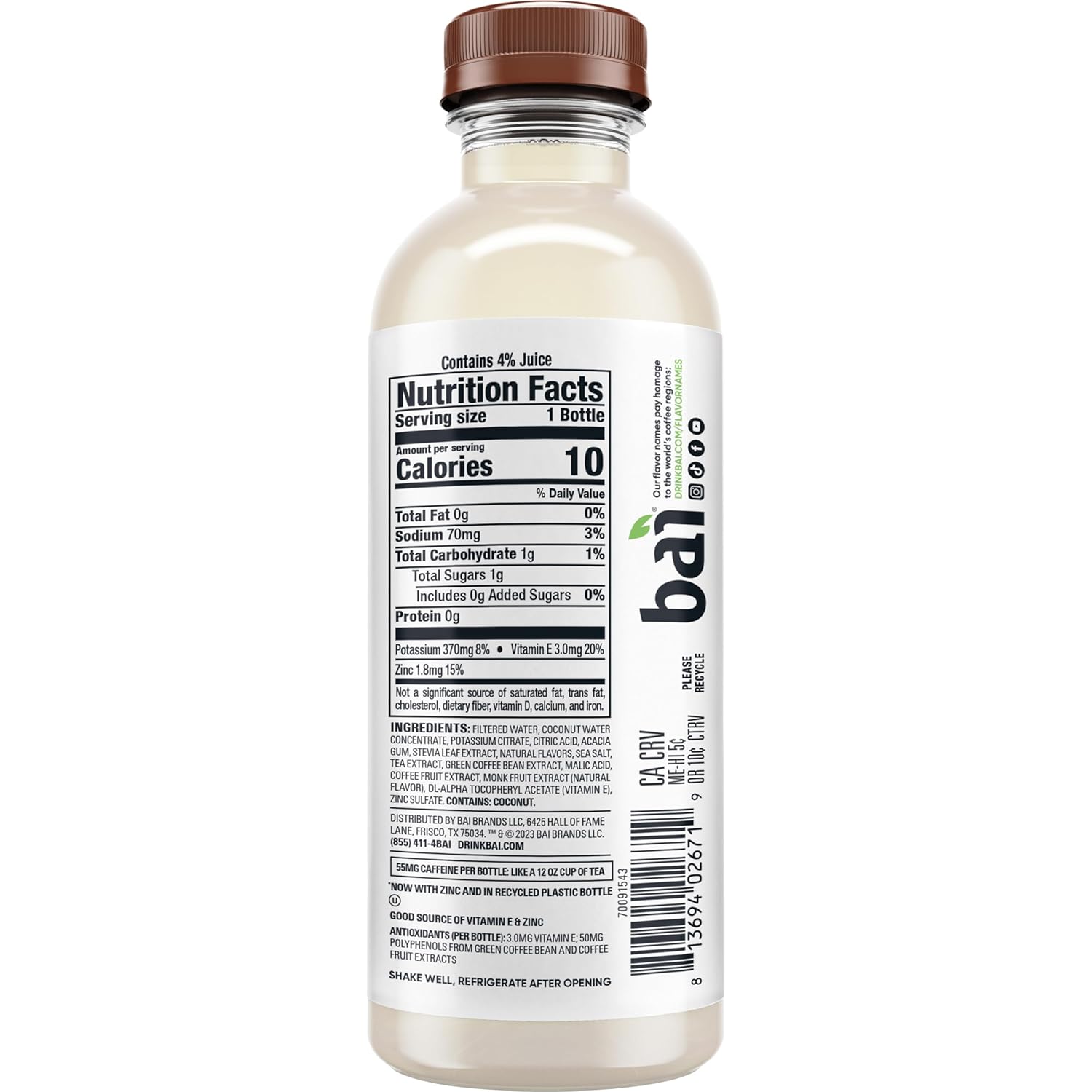 Bai Antioxidant Infused Water Beverage, Molokai Coconut, with Vitamin C and No Artificial Sweeteners, 18 Fluid Ounce Bottle, 6 Pack