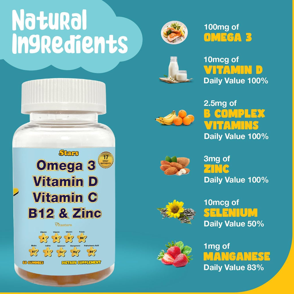 Adult Multivitamin Gummies with Omega 3 - Daily Vitamins A, B, C, D & Biotin - Gluten-Free, Plant-Based Multivitamin for Men & Women with Selenium, 60 Gummies