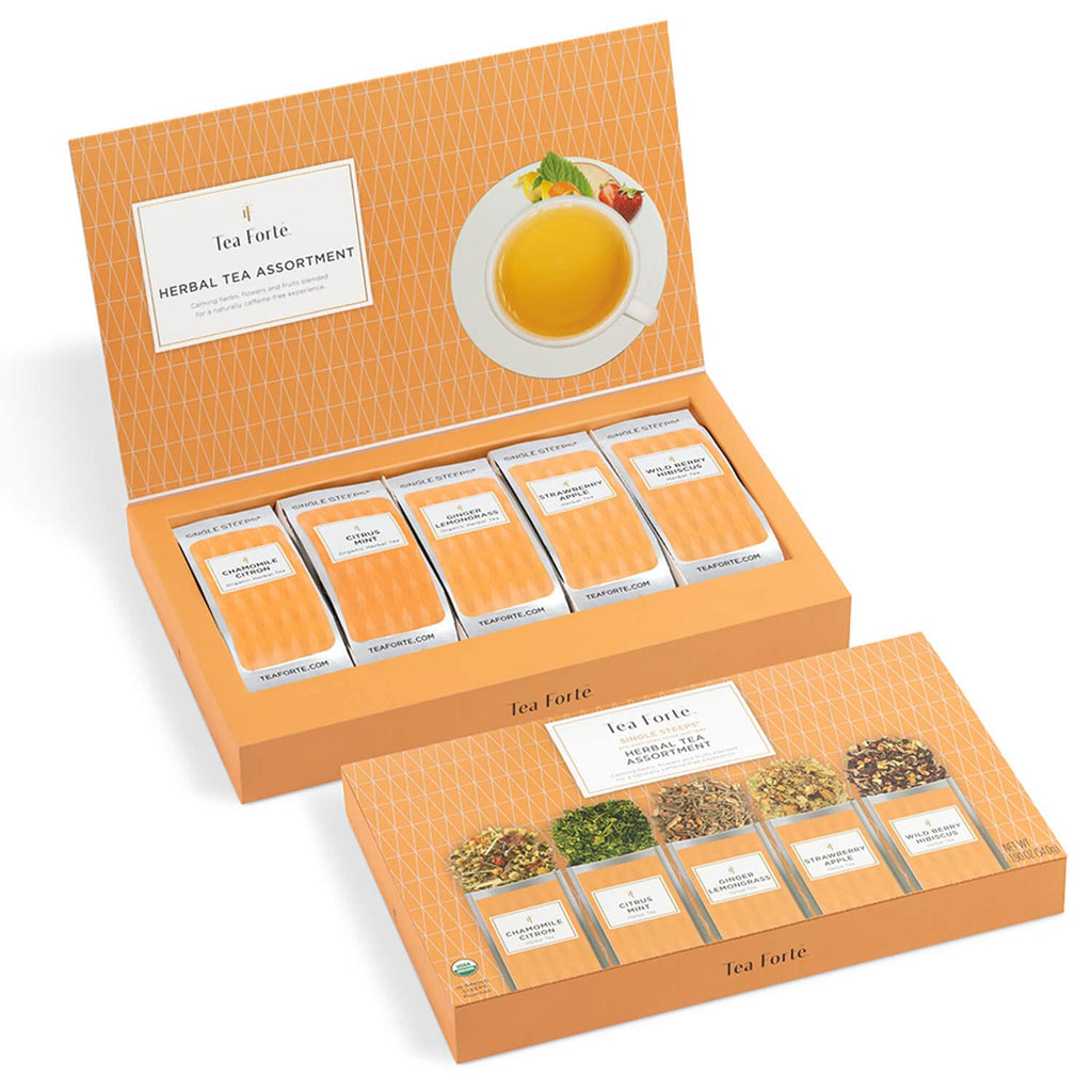 Tea Forte Herbal Tea Assortment Single Steeps Loose Leaf Premium Tea Gift Set Sampler, 15 Count 3 of Each Assorted Blends, Pre-Portioned Single Serve Pouches, Steeps 12 oz