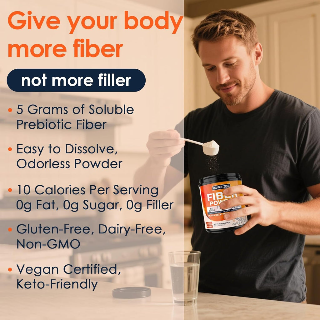 DRFOSTER Prebiotic Fiber Powder Unflavored - Soluble Fiber Supplement with Acacia Fiber & Inulin Powder for Digestive Health and Regularity | 5g Per Scoop, 70 Servings | Gluten & Sugar Free, Vegan