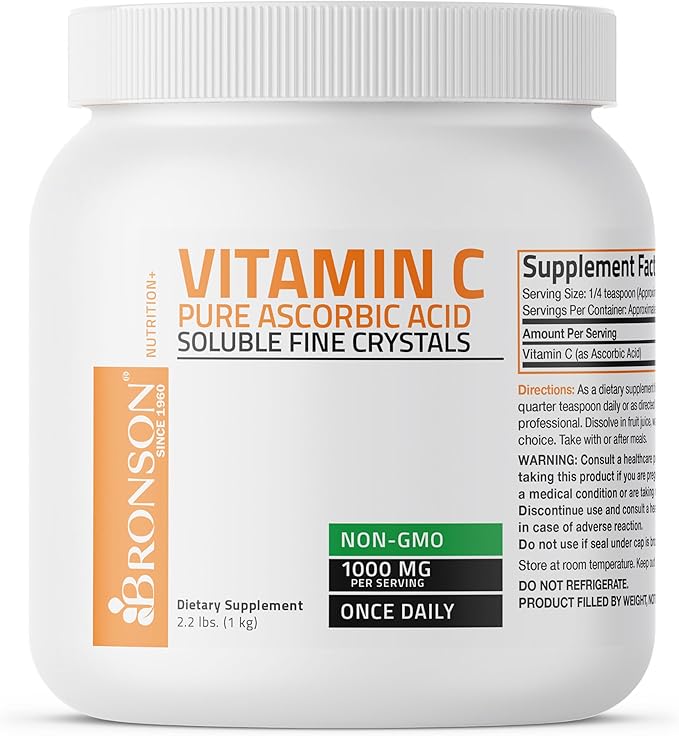 Bronson Vitamin C Powder Pure Ascorbic Acid Soluble Fine Non GMO Crystals – Promotes Healthy Immune System and Cell Protection – Powerful Antioxidant - 1 Kilogram (2.2 Lbs)
