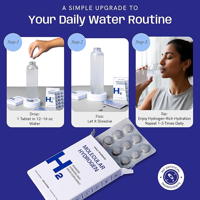 H2 Molecular Hydrogen Water Tablets with Magnesium | 12PPM Hydrogen Tablets for Drinking Water | Unflavored Dietary Supplement | Gluten, Sugar & Soy Free | Made in The USA | 30 Tabs | Only Human