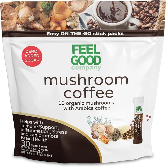 Feelgood Company Mushroom Coffee with 10 Organic Mushrooms and Arabica Coffee, 30 Stick Packs, Zero Added Sugar, Supports Immune Health and Brain Function