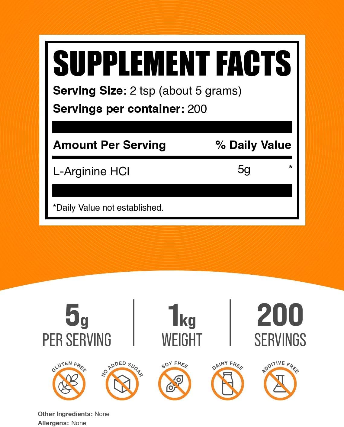 BulkSupplements.com L-Arginine HCl Powder - Nitric Oxide Supplement, Arginine Powder - Unflavored & Gluten Free, 5g per Serving, 1kg (2.2 lbs) (Pack of 1)