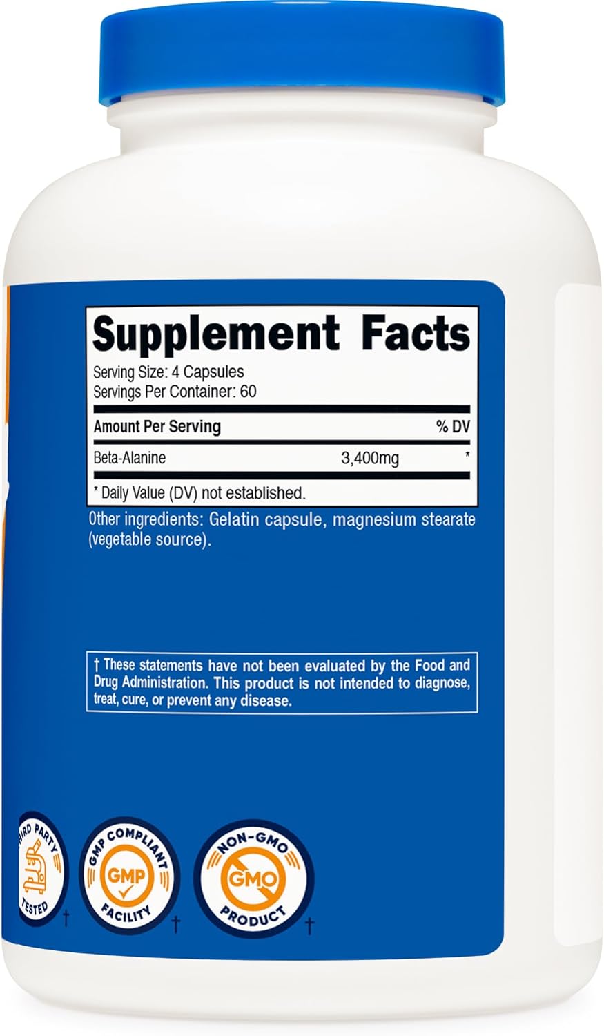 Nutricost Beta-Alanine Capsules 3400mg, 240 Capsules (60 Serv) - Potent Beta Alanine, Gluten Free & Non-GMO, 850mg Per Cap