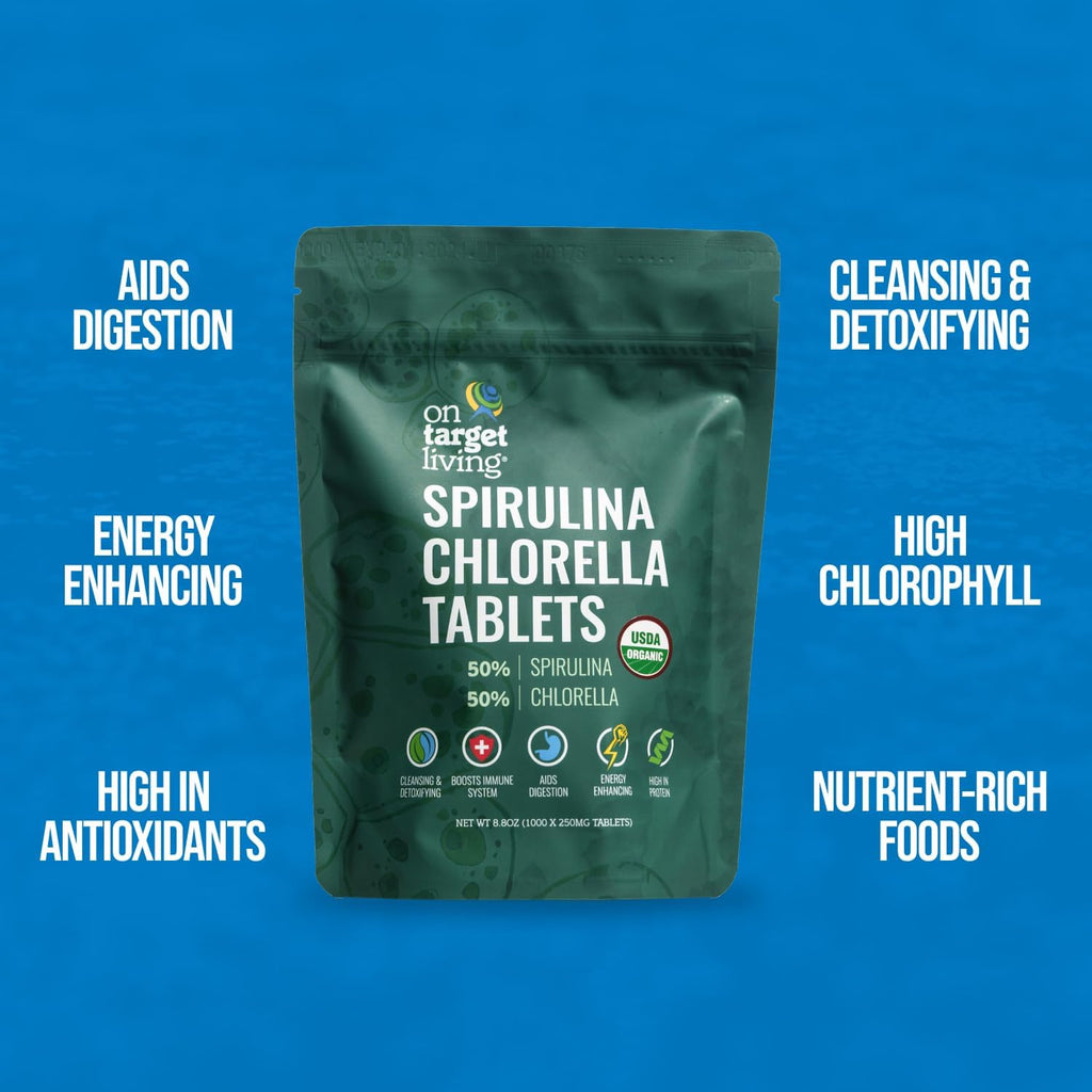 On Target Living Organic Spirulina Chlorella Travel Size | Super Greens | USDA Organic | 250 Tablets- 250 G (2.2 oz) | Vegan | Immune Support | Alkalyzing | Protein Dense