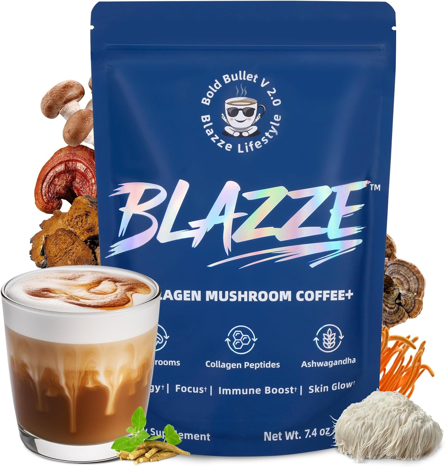 BLAZZE Mushroom Coffee,Adaptogenic 7 Mushrooms with Reishi,Lion's Mane & Chaga,Collagen Peptides, Ashwagandha,MCT,L-Theanine–Instant Coffee for Focus, Energy & & Immune Support–30 Servings