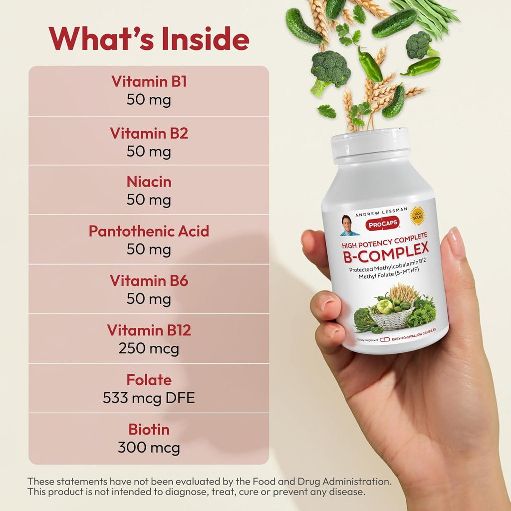 ANDREW LESSMAN High Potency B-Complex 60 Capsules - with High Levels of Folate Complex and Biotin, Promotes Cellular Growth, Energy, Immune Function, Detoxification, Fat Metabolism and More