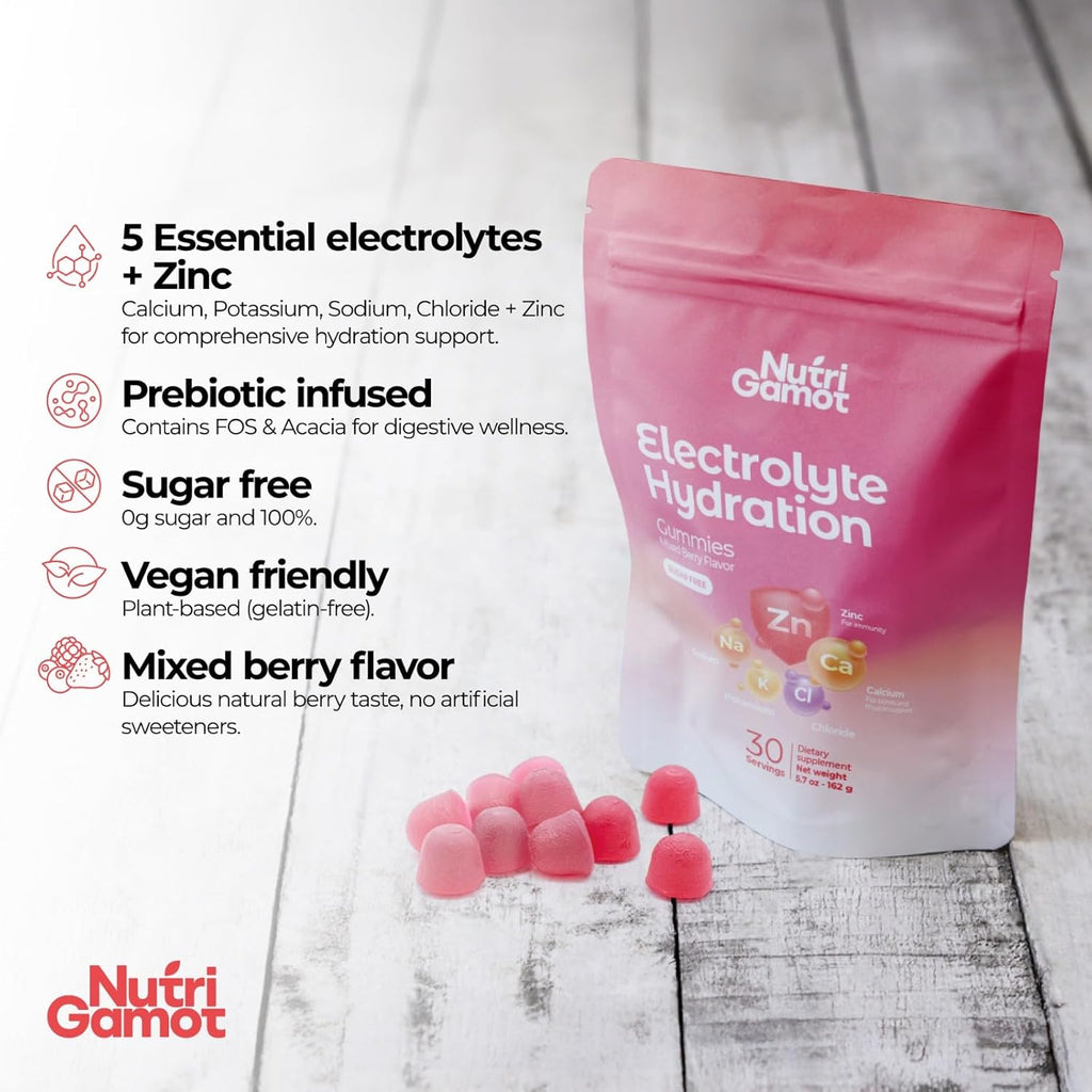 Electrolyte Hydration Gummies Sugar Free | Mixed Berry Flavor - 5 Essential Electrolytes for Runners, Post-Workout Recovery & Endurance – Energy Support Chews, Great Taste, 60 Gummies