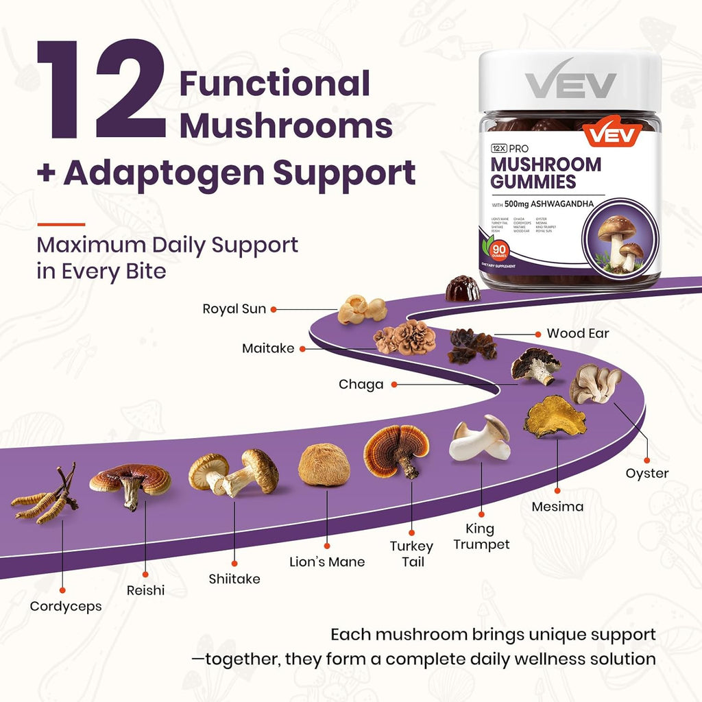 VEV Mushroom Gummies for Adults - 12x Mushroom Supplement with Lions Mane, Reishi, Cordyceps, and Turkey Tail - Ashwagandha - 90 Vegan Gummies