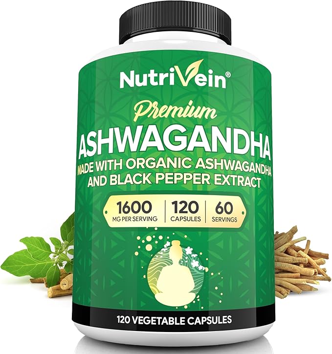 Nutrivein Ashwagandha for Men & Women - 1600mg - Enhanced with Black Pepper - High-Absorption Root Powder Ashwagandha Supplements for Mood Balance, Restful Sleep, & Focus - 120 Vegan Capsules