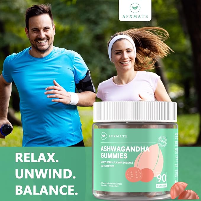 AFXMATE Ashwagandha Gummies for Women Sugar Free, Men's Ashwagandha Supplement Gummy with Vitamin D Magnesium Vegan (90 Counts)