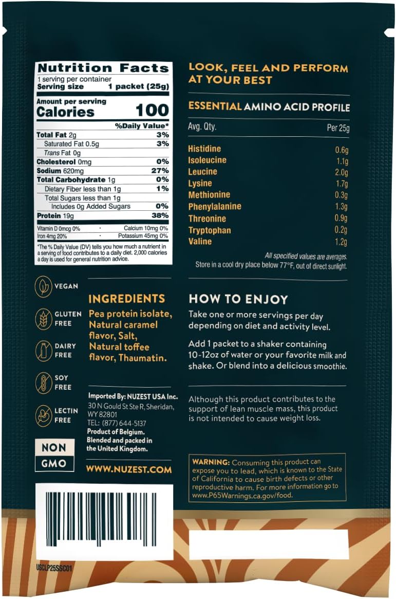 Nuzest - Vegan Pea Protein Powder - Clean Lean Protein, Premium Plant Based Protein Powder, Dairy Free, Gluten Free, GMO Free Protein Shake (1 Serving (Pack of 1), Salted Caramel)