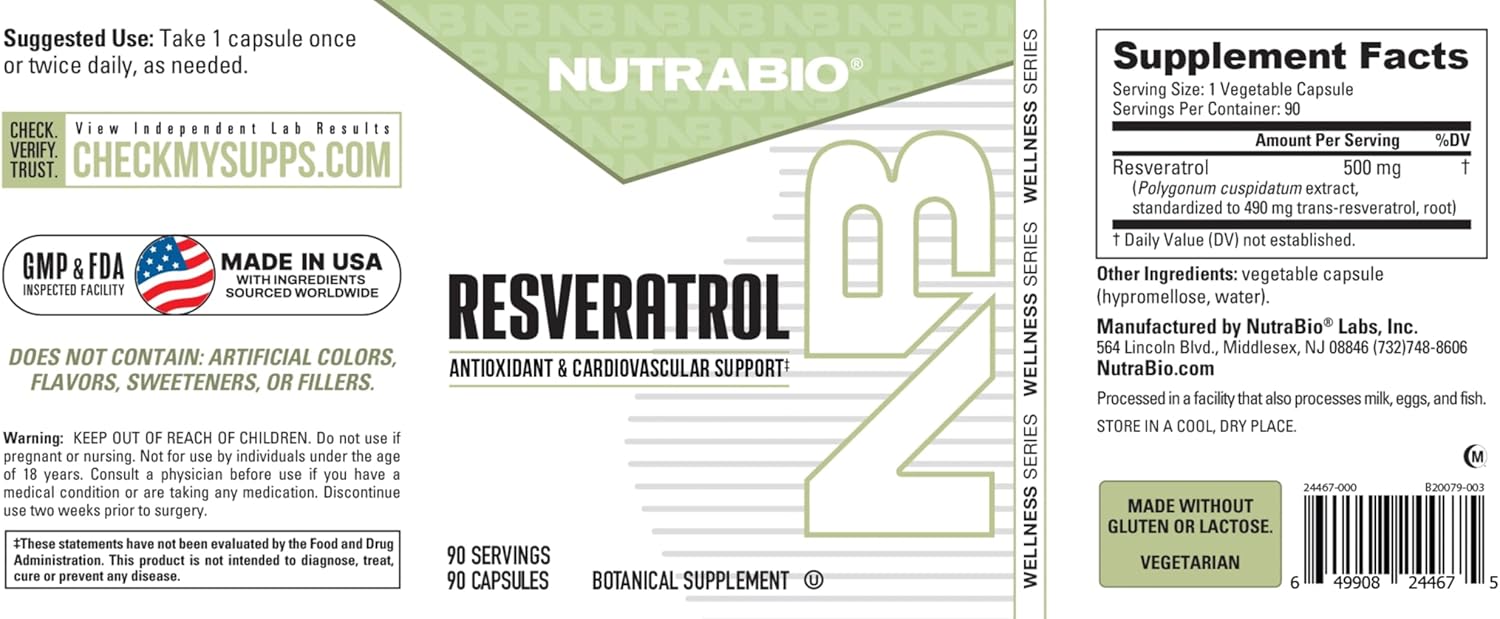NutraBio 98% Pure Resveratrol Supplement 500mg - Standardized to 490mg Trans Resveratrol Supplement, Heart Health and Antioxidant Defense-90 Capsules- 90 Servings