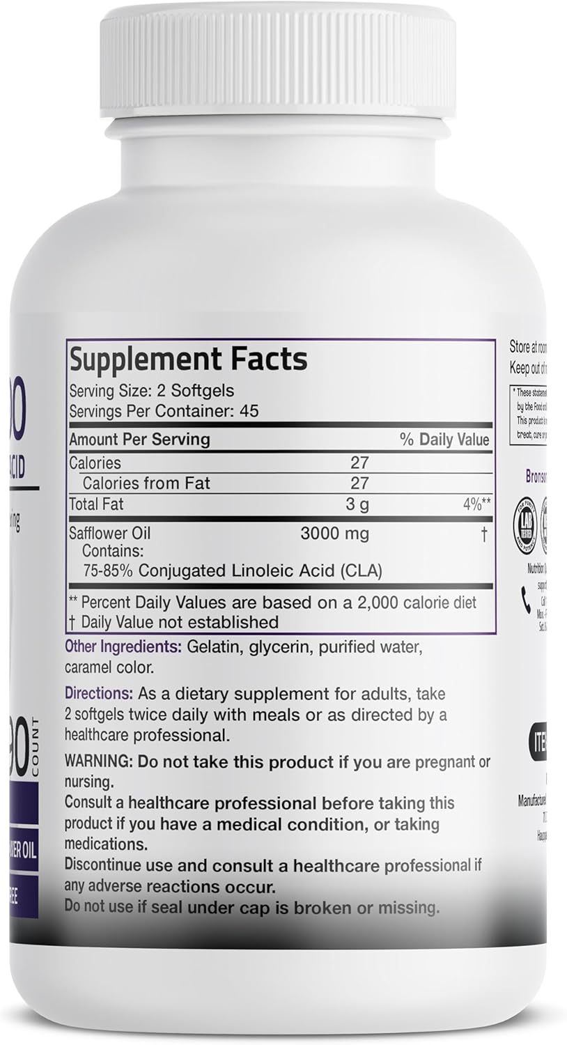Bronson CLA 3000 Extra High Potency Supports Healthy Weight Management Lean Muscle Mass Non-Stimulating Conjugated Linoleic Acid, 90 Softgels
