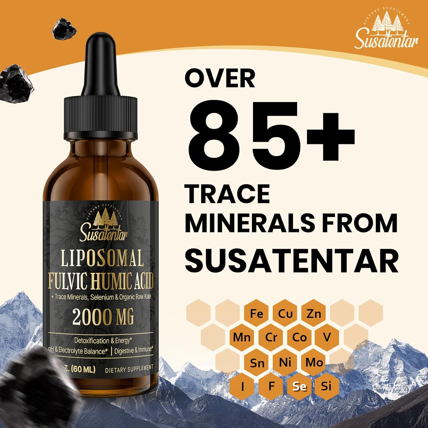 2000 MG Liposomal Fulvic Acid + Humic Acid + Trace Minerals Complex - More Potent Than Shilajit, Electrolytes Liquid Supplement with Organic Kale for Energy, Digestion, Immunity & pH Balance, 2 Oz