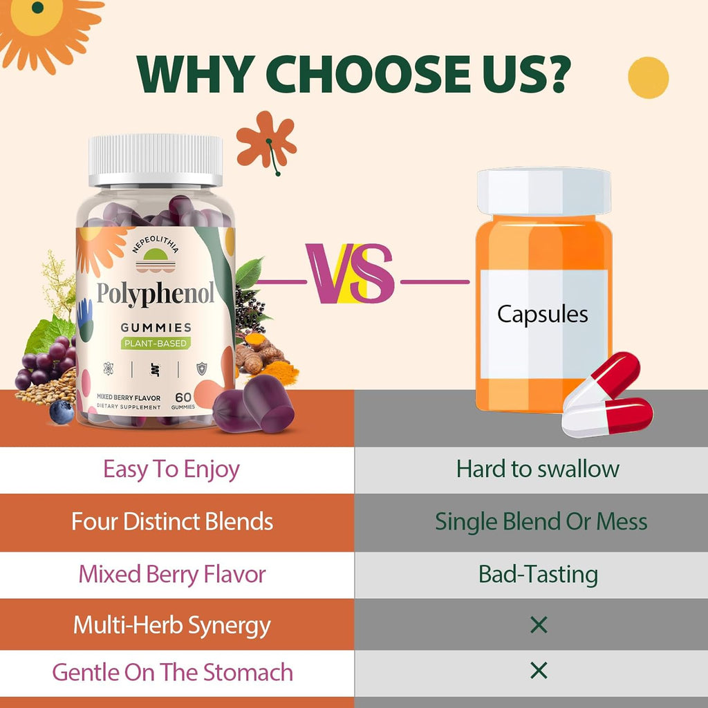 Polyphenol Gummies, Plant-Based Formula with Resveratrol, Elderberry, Grape, Turmeric,Green Tea, Cranberry Extract, Vitamins & Minerals, Superfood Blend, Mixed Berry Flavor, 60 Gummies