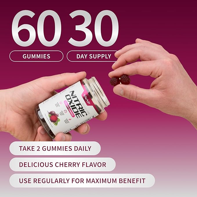 Snap Supplements Nitric Oxide Beet Root Gummies – Beet Root Supplement with Pomegranate Powder Supports Healthy Circulation & Natural Energy, 60 Sugar-Free Gummies (1 Month Supply), Cherry