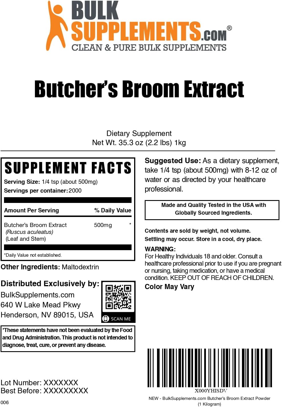 BulkSupplements.com Butcher's Broom Extract Powder - Butchers Broom, Herbal Supplement - Vegan & Gluten Free, 500mg per Serving, 1kg (2.2 lbs) (Pack of 1)