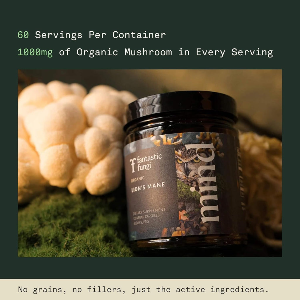 Lions Mane Supplement Capsules, Lion's Mane Mushroom Supplement for Memory, Focus & Mood support, Adaptogen Functional Mushrooms Extract - 100% USDA Organic, Vegan- Glass Jar, 120 Caps, 2 Month Supply